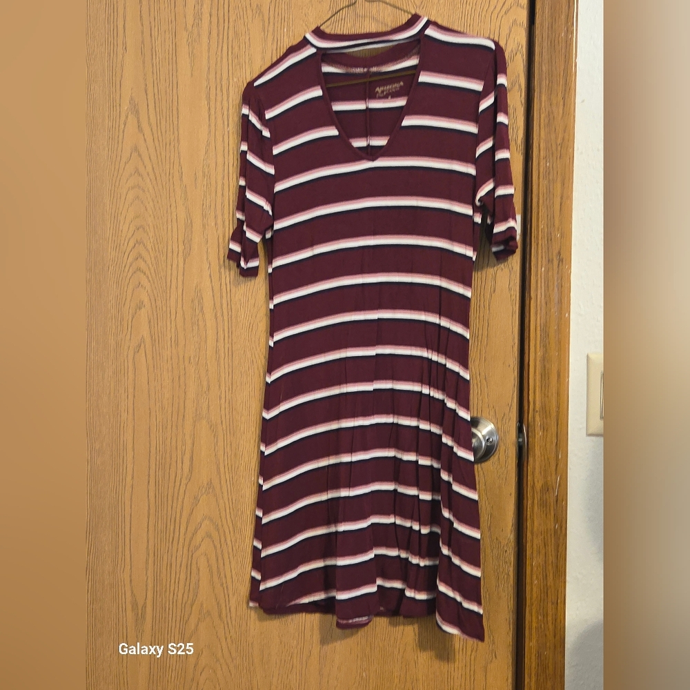 Striped V-Neck Swing Dress in Burgundy and White